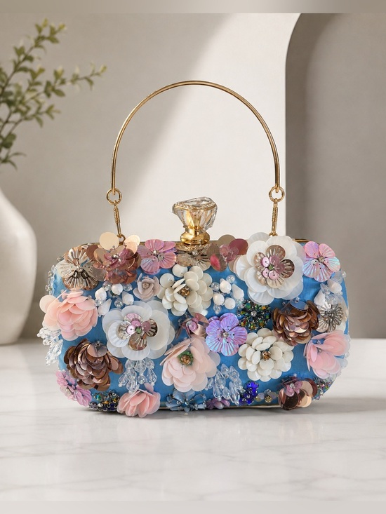 bebe Handbags - bebe Blue Floral Sequin Evening Clutch with Gold Handle